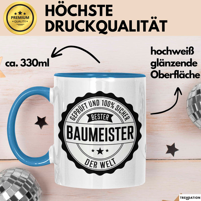 Bauarbeiter Tasse Geschenk 100% Bester Bauleiter Handwerker Geschenkidee Lustig Blau Trendation