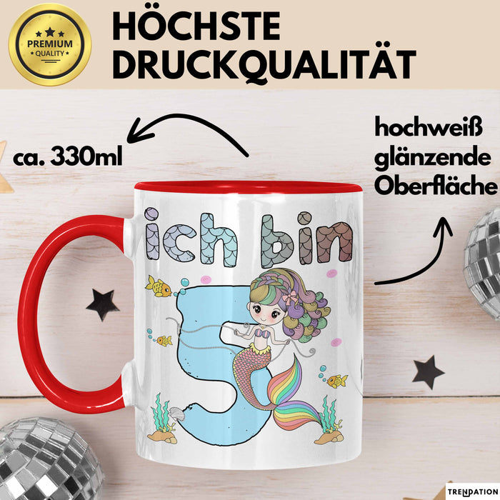 5. Geburtstag Mädchen Geschenk Meerjungfrau Geschenk Tasse für Mädchen Nymphe Nixe Becher Grafik Rot Trendation