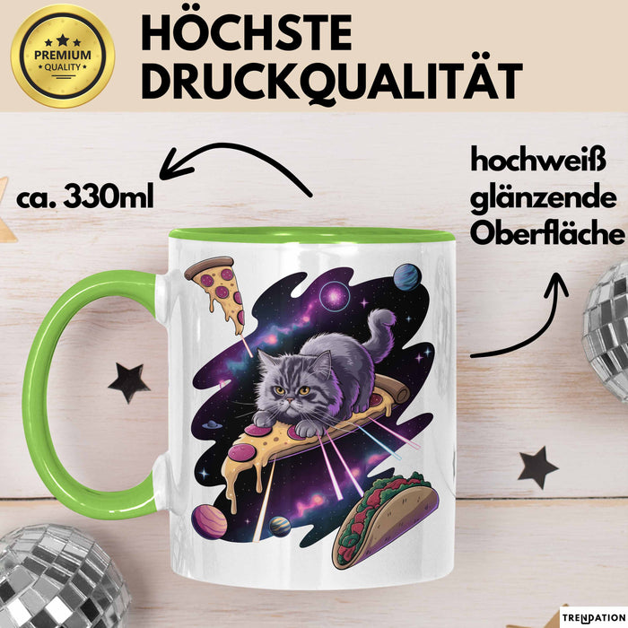 Pizzaesser Tasse Geschenk Katze isst Pizza im Weltall Lustig Grün Trendation