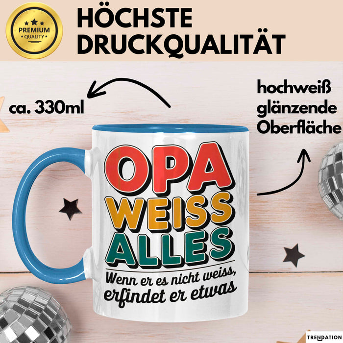 Opa Großvater Tasse Becher Geschenk Lustige Geschenkidee Spruch Opa Weiss Alles Blau Trendation