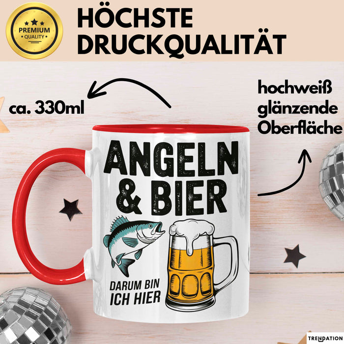 Angeln Fischer Bierliebhaber Tasse Geschenk Lustige Geschenkidee Spruch Angeln Und Bier Darum Bin Ich Hier Rot Trendation
