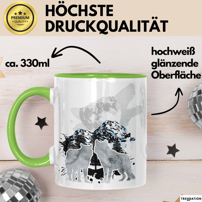 Wolf Tasse Geschenk Heulender Wolf Vögel Mond Silhouetten Geschenkidee Grün Trendation