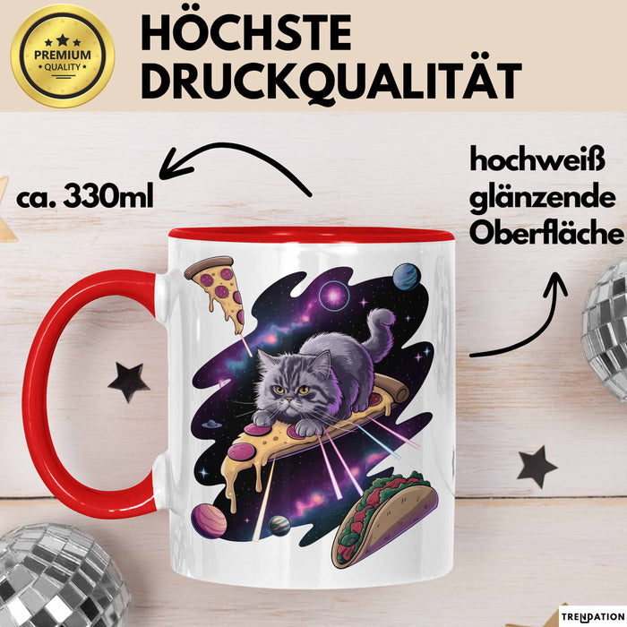 Pizzaesser Tasse Geschenk Katze isst Pizza im Weltall Lustig Rot Trendation