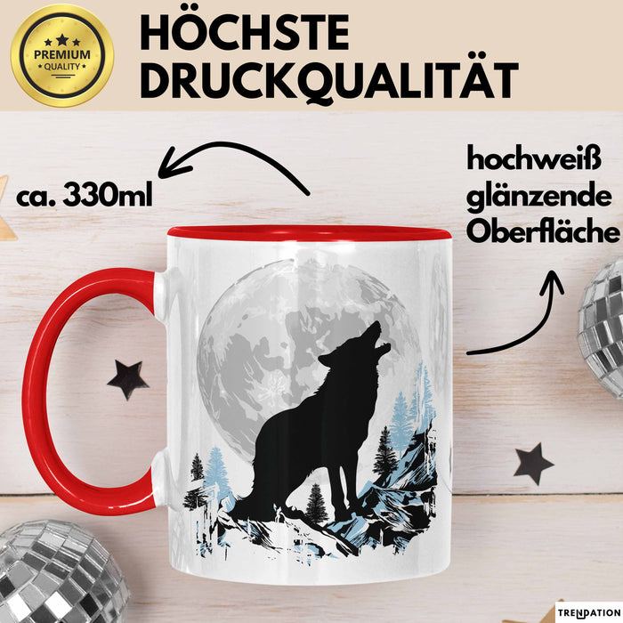 Wolf Tasse Geschenk Heulender Wolf Vollmond Grafik Geschenkidee Rot Trendation