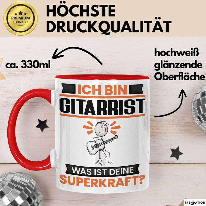 Gitarrist Tasse Geschenk für Gitarrist Geburtstag Lustiger Spruch Kaffee-Becher Was Ist Deine Superkraft Rot Trendation
