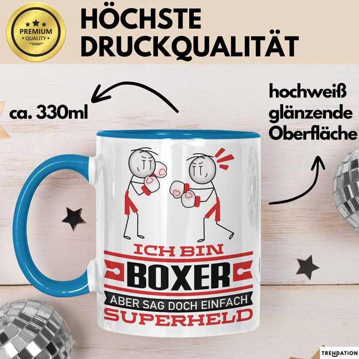 Boxer Geschenk Tasse Ich Bin Boxer Aber Sag Doch Einfach Superheld Lustige Geschenkdiee für Boxer Kaffee-Becher Blau Trendation