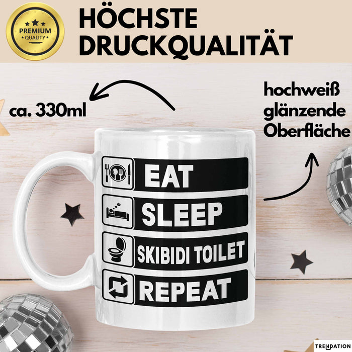 Skibidi Toilet Tasse Geschenk Meme Eat Sleet Repeat Becher Geschenkdiee Weiß Trendation