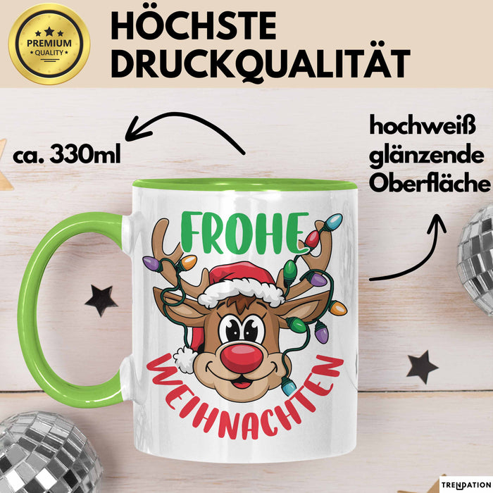 Weihnachten Tasse Geschenk Frohe Weihnachten Rentier Geschenkidee Weihnachtszeit Kaffee-Becher Grün Trendation
