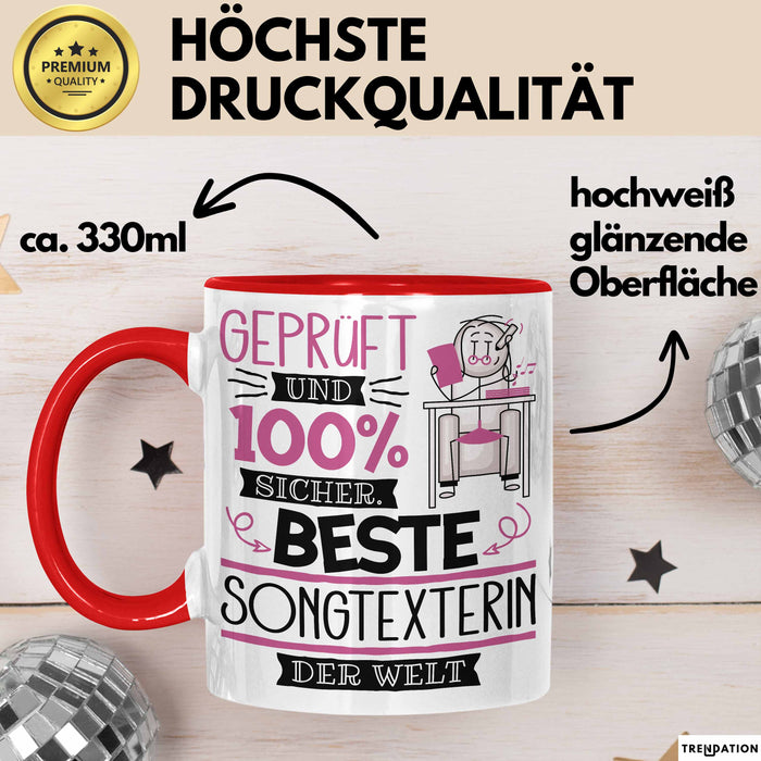 Beste Songtexterin Der Welt Tasse Geschenk für Eine Songtexterin Geprüft Und Sicher Geschenkidee Geburtstag Weihnachten Rot Trendation