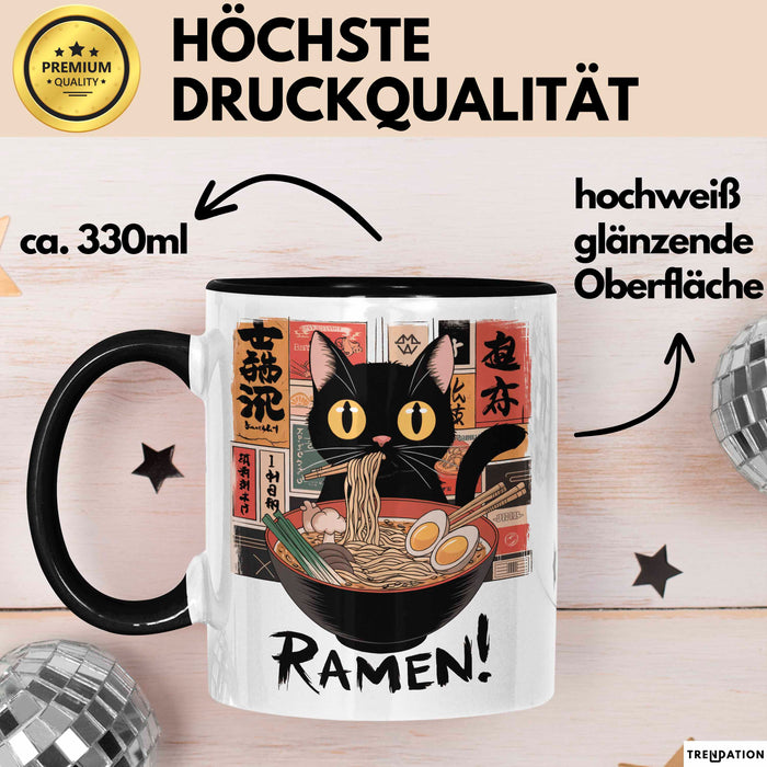 Katzen Tierliebhaber Tasse Geschenk Lustige Geschenkidee Spruch Katze Isst Ramen Nudeln Schwarz Trendation