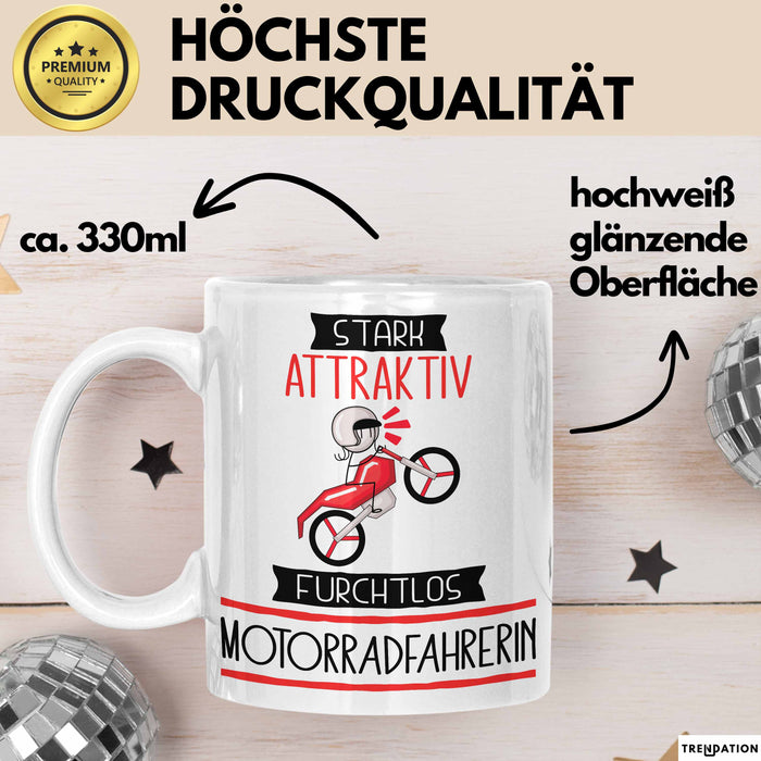 Motorradfahrerin Tasse Geschenk Becher Stark Attraktiv Furchtlos Motorradfahrerin Lustige Geschenkidee Weiß Trendation