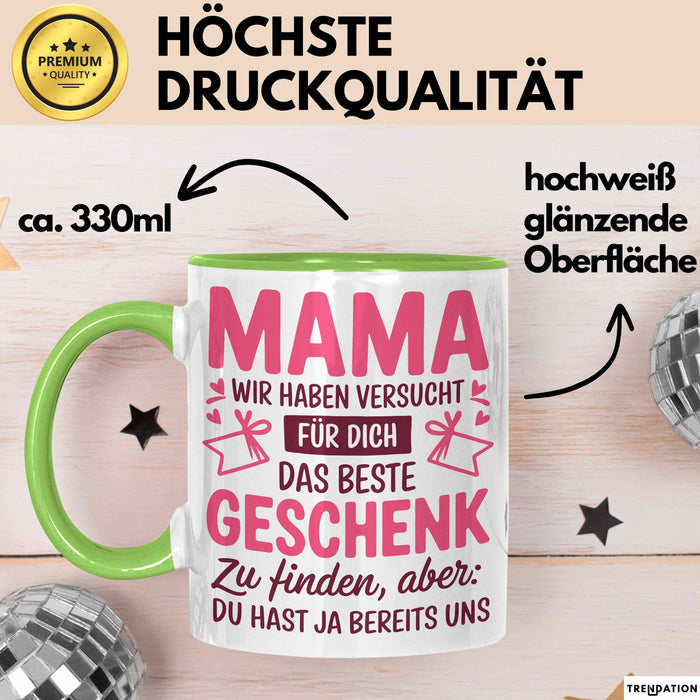 Mama Muttertag Tasse Becher Geschenk Lustige Geschenkidee Spruch Mama Wir Haben Versucht Für Dich Das Beste Geschenk Zu Finden Grün Trendation
