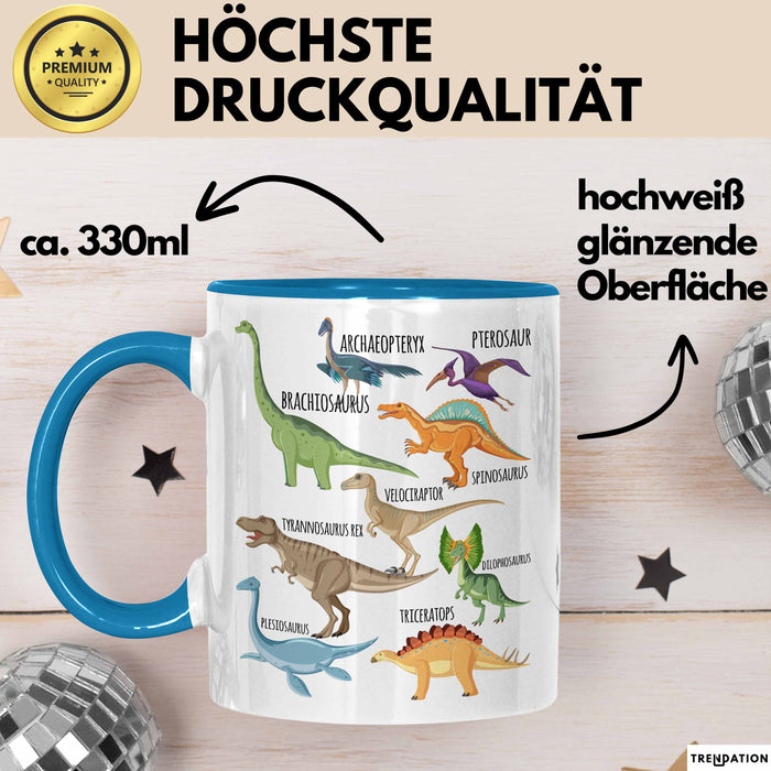 Dino Tasse Geschenk Dinosaurier Geschenkidee Jungs Dino-Fans T-Rex Arten Von Dinosaurieren Kakao Becher Becher Blau Trendation