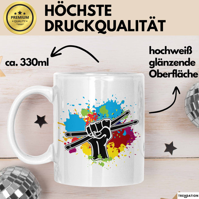 Schlagzeug-Spieler Geschenk Drummer Tasse Geschenkidee Spruch Bunte Farben Schlagzeuger Weiß Trendation