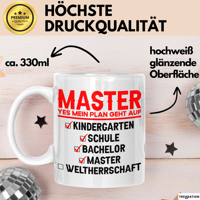 Master Absolvent Abschluss Tasse Geschenk Lustige Geschenkidee Spruch Master Yes Mein Plan Geht Auf Weiß Trendation