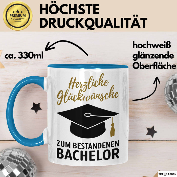 Schüler Abschluss Tasse Geschenk Lustige Geschenkidee Spruch Herzliche Glückwünsche Zum Bestandenen Bachelor Blau Trendation
