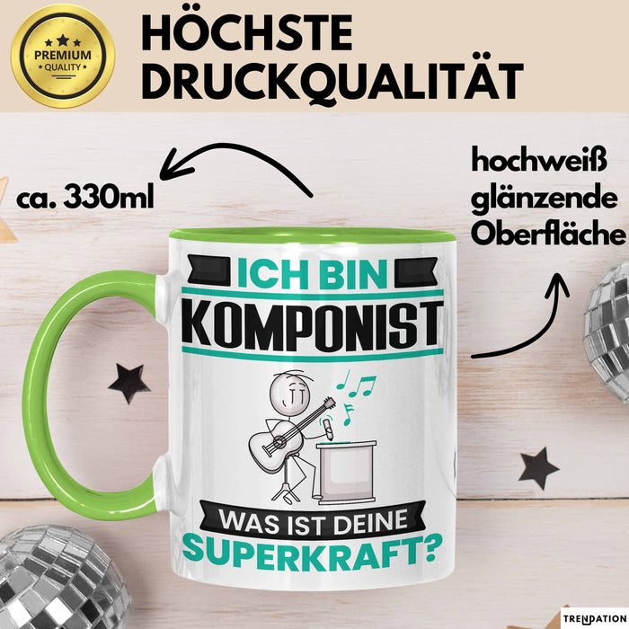 Komponist Tasse Geschenk für Komponist Geburtstag Lustiger Spruch Kaffee-Becher Was Ist Deine Superkraft Grün Trendation