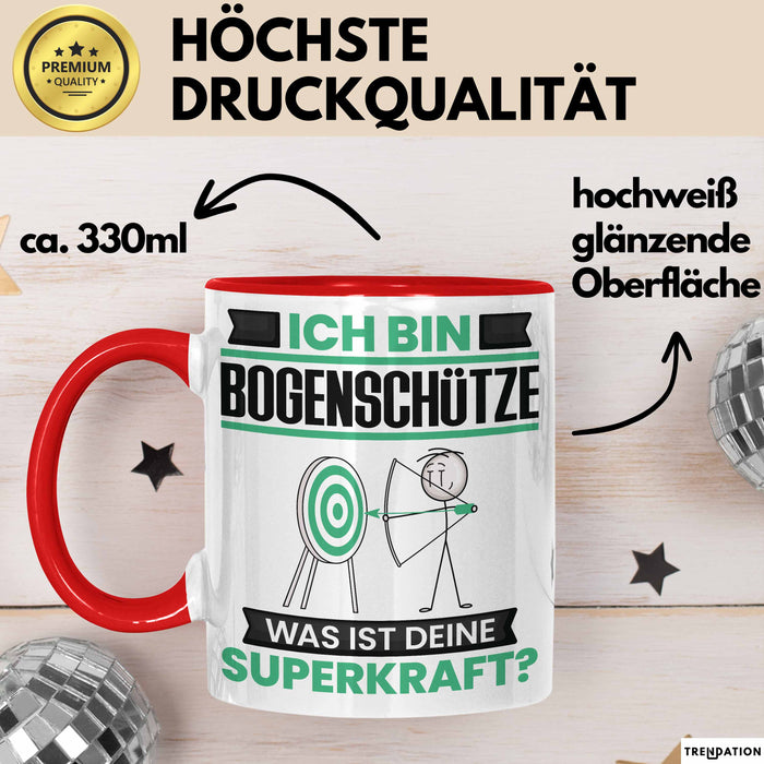 Bogenschütze Tasse Geschenk für Bogenschütze Geburtstag Lustiger Spruch Kaffee-Becher Was Ist Deine Superkraft Rot Trendation