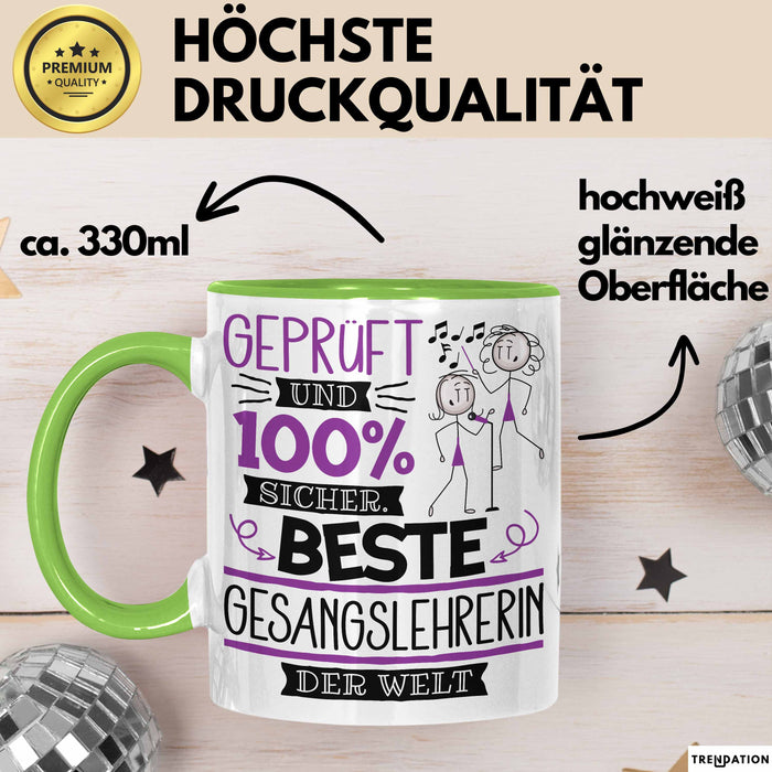 Beste Gesangslehrerin Der Welt Tasse Geschenk für Eine Gesangslehrerin Geprüft Und Sicher Geschenkidee Geburtstag Weihnachten Grün Trendation