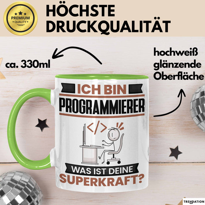 Programmierer Tasse Geschenk für Programmierer Geburtstag Lustiger Spruch Kaffee-Becher Was Ist Deine Superkraft Grün Trendation