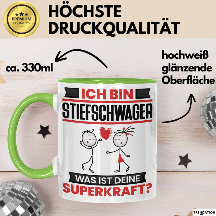 Stiefschwager Tasse Geschenk für Stiefschwager Geburtstag Lustiger Spruch Kaffee-Becher Was Ist Deine Superkraft Grün Trendation
