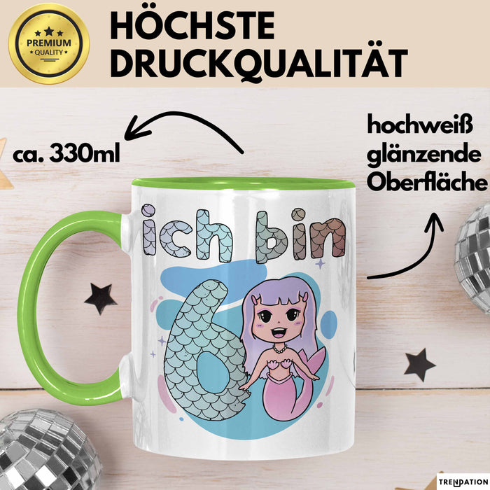 6. Geburtstag Mädchen Geschenk Meerjungfrau Geschenk Tasse für Mädchen Nymphe Nixe Becher Grafik Grün Trendation