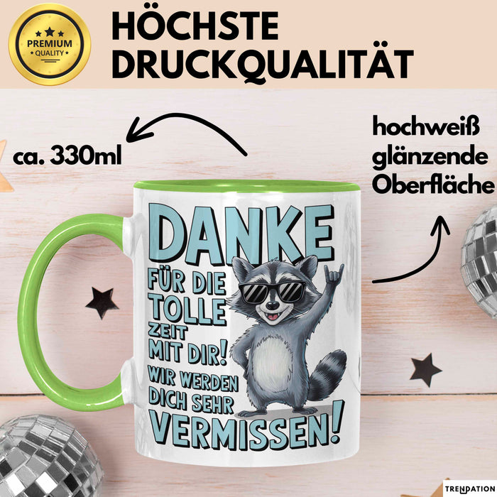 Büro Arbeit Kollege Tasse Becher Geschenk Lustige Geschenkidee Spruch Danke Für Die Tolle Zeit Mit Dir Wir Werden Dich Sehr Vermissen Grün Trendation
