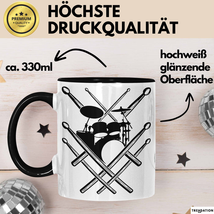 Drummer Schlagzeug-Spieler Geschenk Tasse Geschenkidee Kaffee-Becher Schlagzeuger Schlagzeug Stick Schwarz Trendation