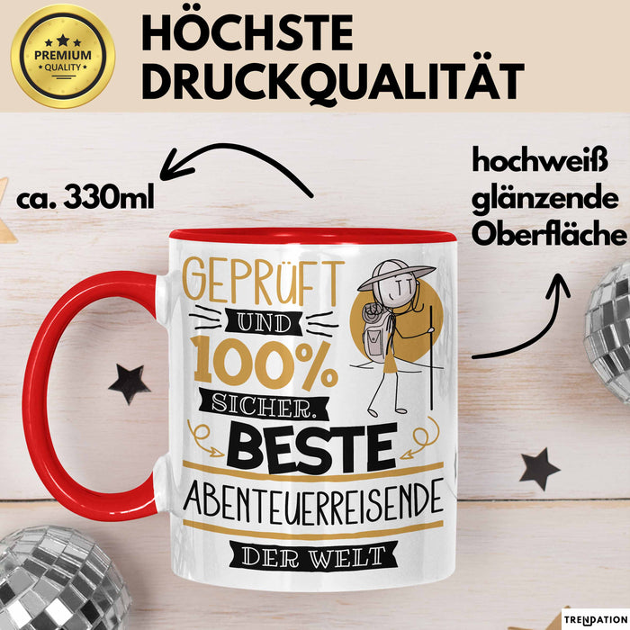 Beste Abenteuerreisende Der Welt Tasse Geschenk für Eine Abenteuerreisende Geprüft Und Sicher Geschenkidee Geburtstag Weihnachten Rot Trendation