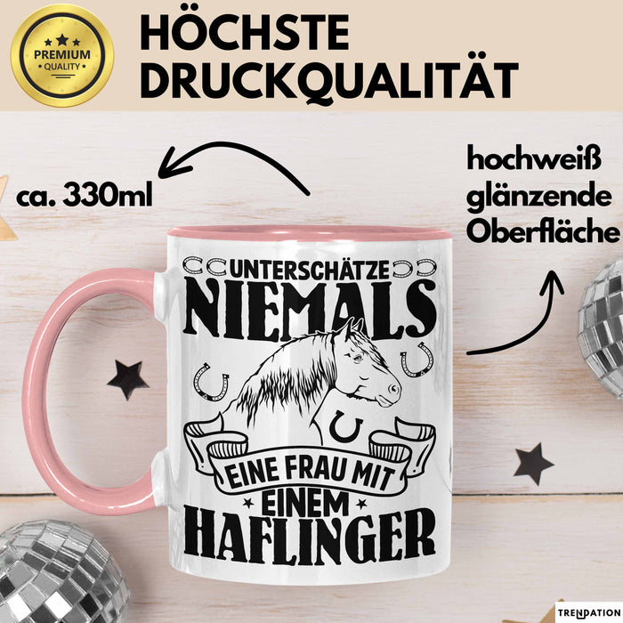 Haflinger Tasse Geschenk Haflinger-Besitzerin Pferde Kaffeetasse Geschenkidee Spruch Reiterin Reiten Pferde Kaffee-Becher Rosa Trendation