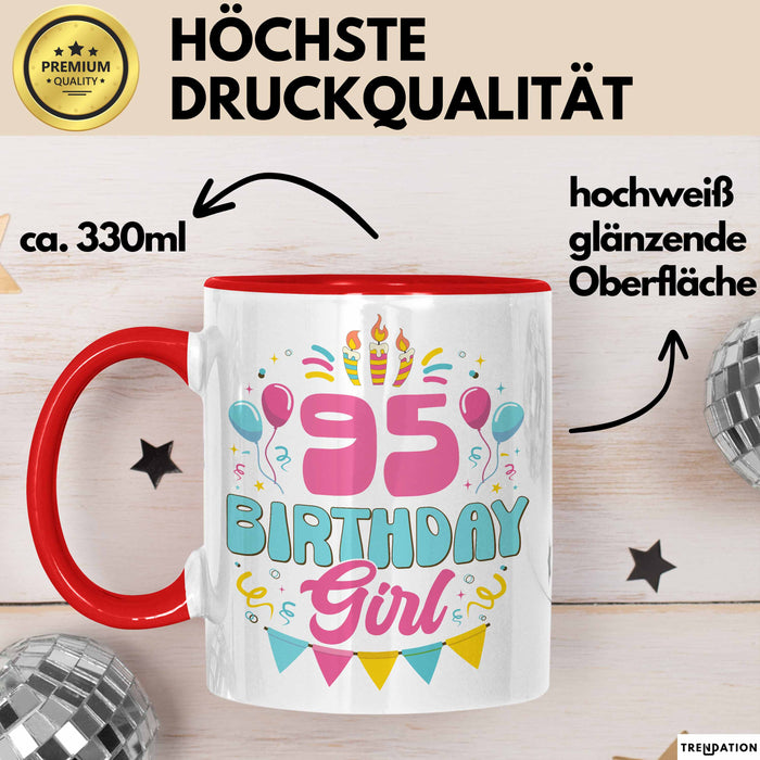 95. Geburtstag Tasse Frauen Mädchen Geschenkidee Lustig 95 Birthday Girl Lustiger Spruch Mutter Mama Oma Rot Trendation