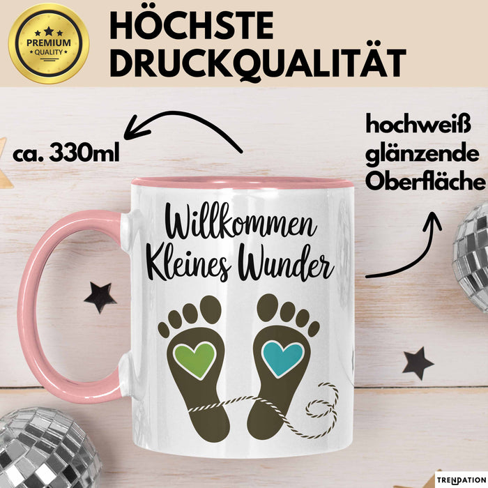 Baby Geburt Neue Eltern Tasse Geschenk Lustige Geschenkidee Spruch Willkommen Kleines Wunder Rosa Trendation