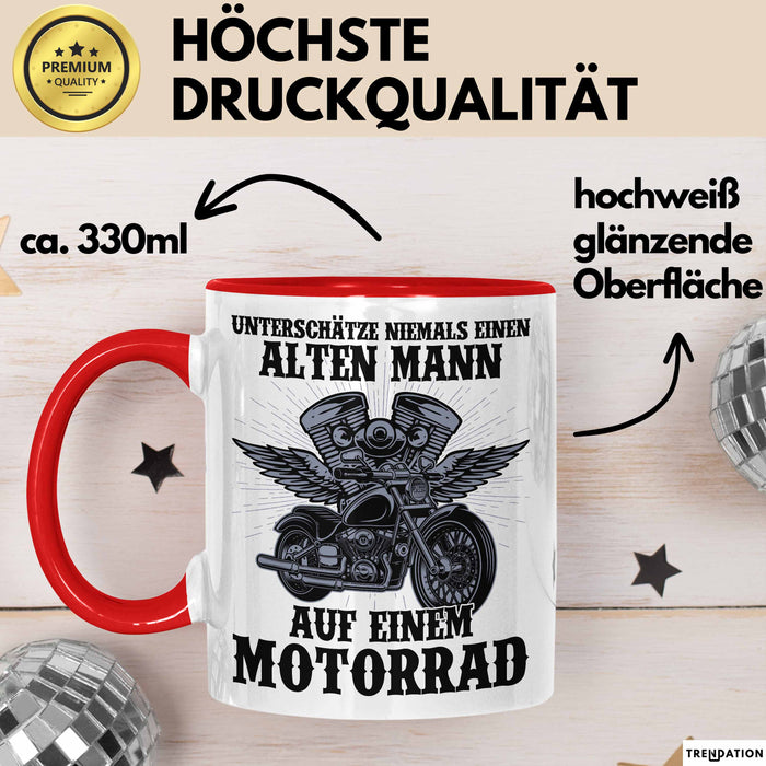 Motorradfahrer Geschenk Tasse Kaffee-Becher Motorrad Spruch Unterschätze Niemals Einen Alten Mann Auf Einem Motorrad Spruch Männer Rot Trendation