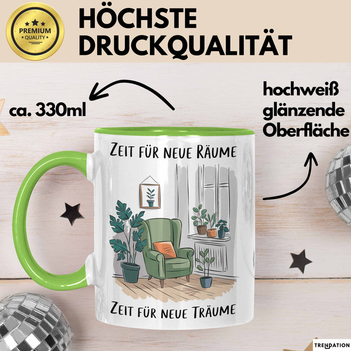 Neues Zuhause Eigentümer Tasse Geschenk Lustige Geschenkidee Spruch Zeit Für Neue Räume Zeit Für Neue Träume Grün Trendation