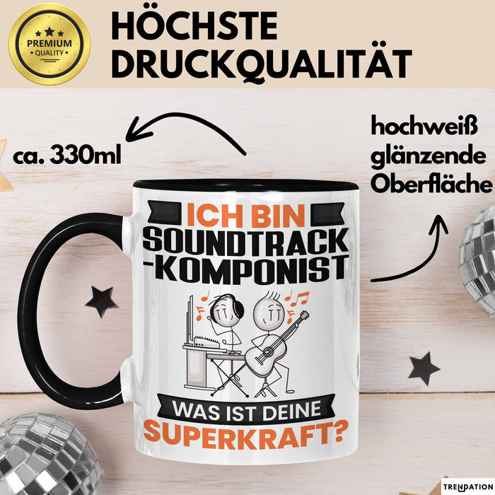 Soundtrack-Komponist Tasse Geschenk für Soundtrack-Komponist Geburtstag Lustiger Spruch Kaffee-Becher Was Ist Deine Superkraft Schwarz Trendation