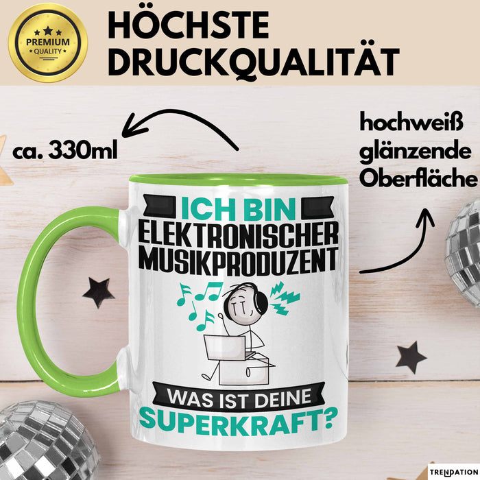 Elektronischer Musikproduzent Tasse Geschenk für Elektronischer Musikproduzent Geburtstag Lustiger Spruch Kaffee-Becher Was Ist Deine Superkraft Grün Trendation