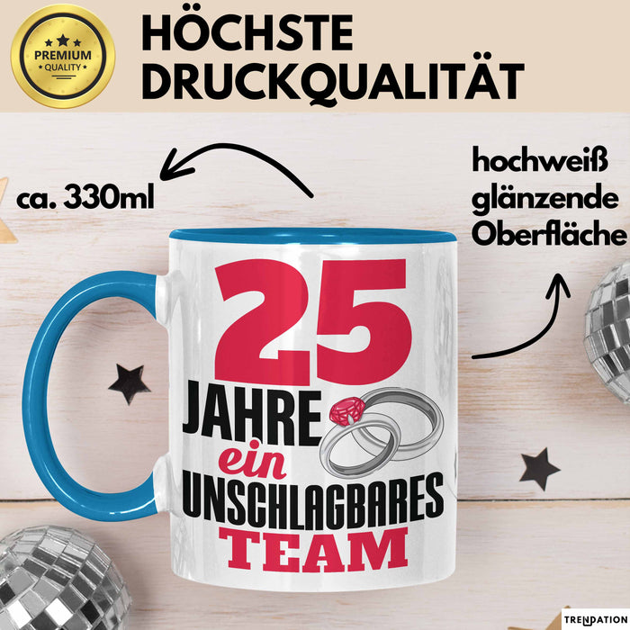 25 Jahre Tasse Geschenk Hochzeitstag Unschlagbares Team Spruch Blau Trendation