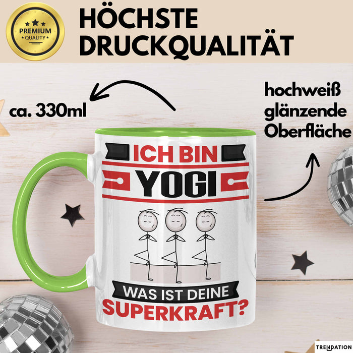 Yogi Tasse Geschenk für Yogi Geburtstag Lustiger Spruch Kaffee-Becher Was Ist Deine Superkraft Grün Trendation