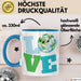 Erde Tasse Geschenk LOVE Schriftzug Lächelnde Erde Geschenkidee Blau Trendation