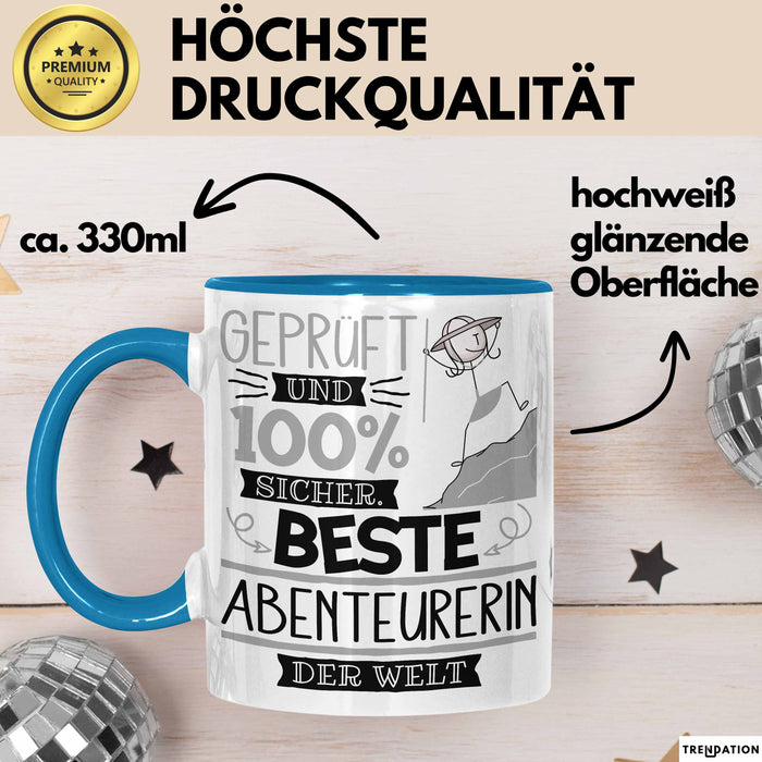 Beste Abenteurerin Der Welt Tasse Geschenk für Eine Abenteurerin Geprüft Und Sicher Geschenkidee Geburtstag Weihnachten Blau Trendation