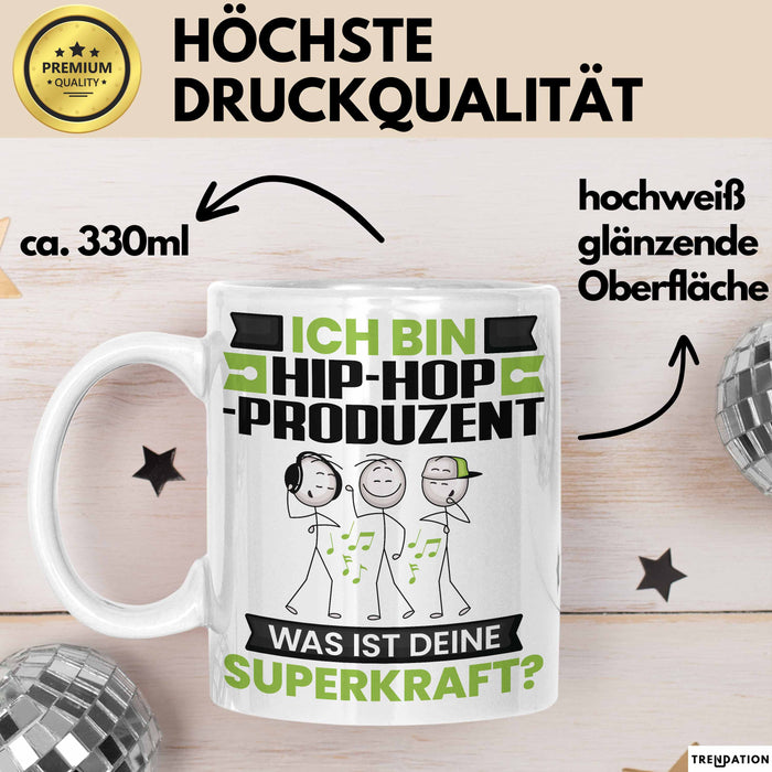 Hip-Hop-Produzent Tasse Geschenk für Hip-Hop-Produzent Geburtstag Lustiger Spruch Kaffee-Becher Was Ist Deine Superkraft Weiß Trendation