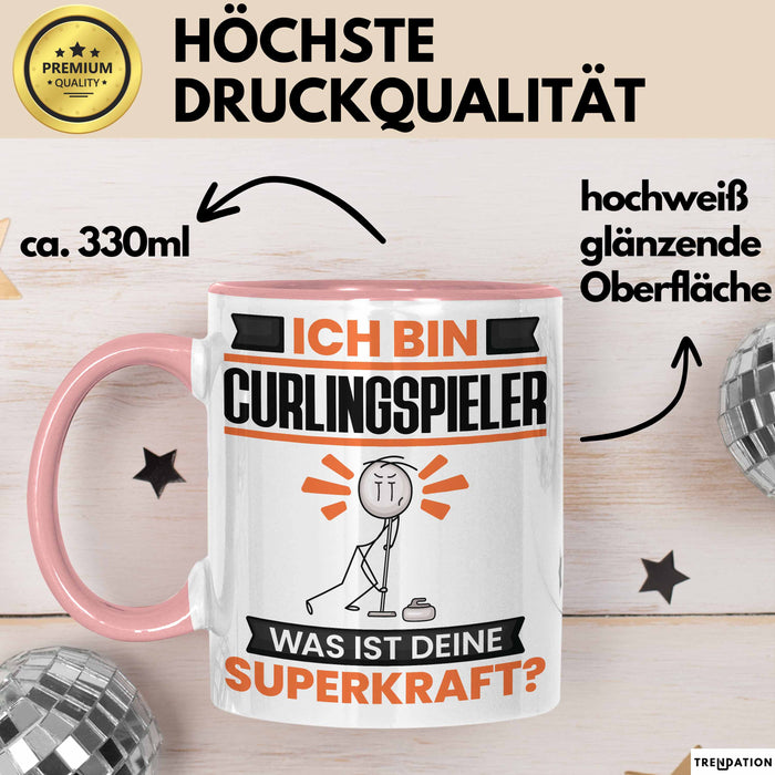 Curlingspieler Tasse Geschenk für Curlingspieler Geburtstag Lustiger Spruch Kaffee-Becher Was Ist Deine Superkraft Rosa Trendation