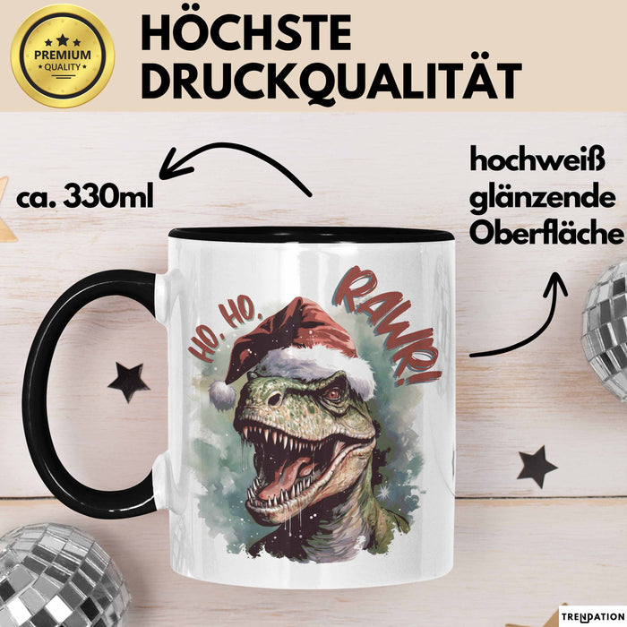 Weihnachten Tasse Dinosaurier Geschenkidee Ho Ho Rawr Jungs Jungen Geschenkidee Kaffeebecher Schwarz Trendation