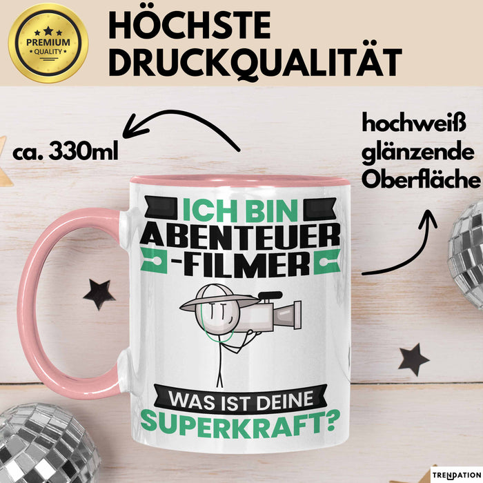 Abenteuerfilmer Tasse Geschenk für Abenteuerfilmer Geburtstag Lustiger Spruch Kaffee-Becher Was Ist Deine Superkraft Rosa Trendation