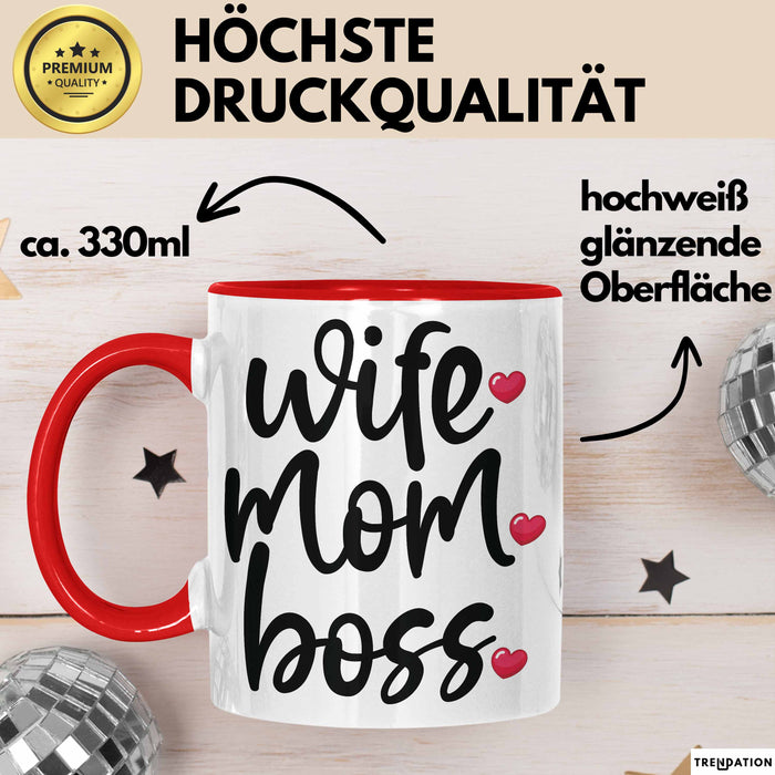 Tasse Wife Mom Boss Geschenkidee für Mütter und Ehefrauen Rot Trendation