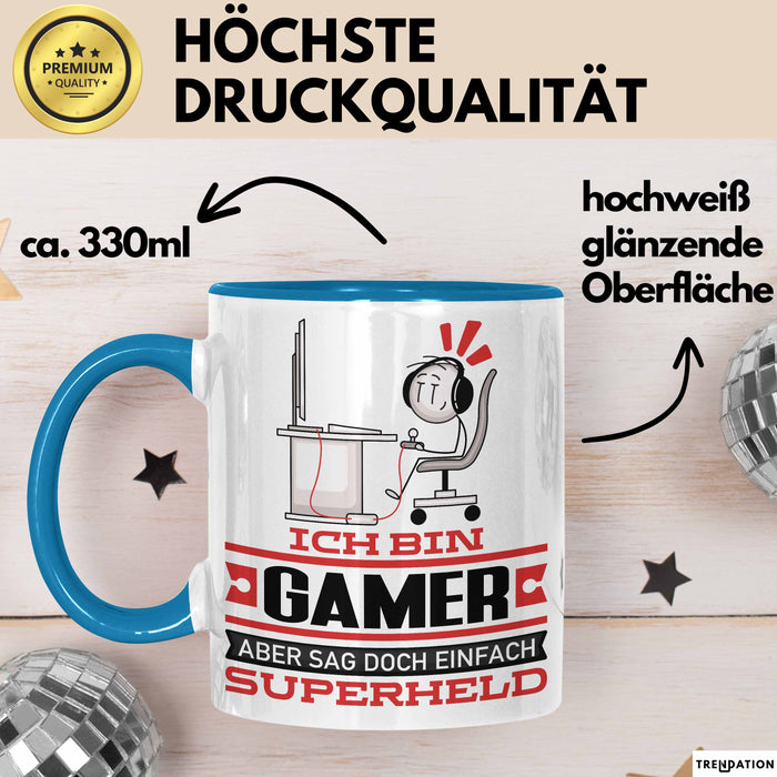 Gamer Geschenk Tasse Ich Bin Gamer Aber Sag Doch Einfach Superheld Lustige Geschenkdiee für Gamer Kaffee-Becher Blau Trendation