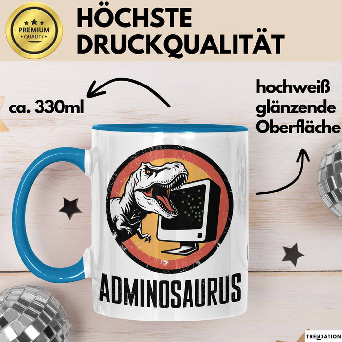 IT Informatiker Nerd Tasse Geschenk Adminosaurus Spruch Blau Trendation