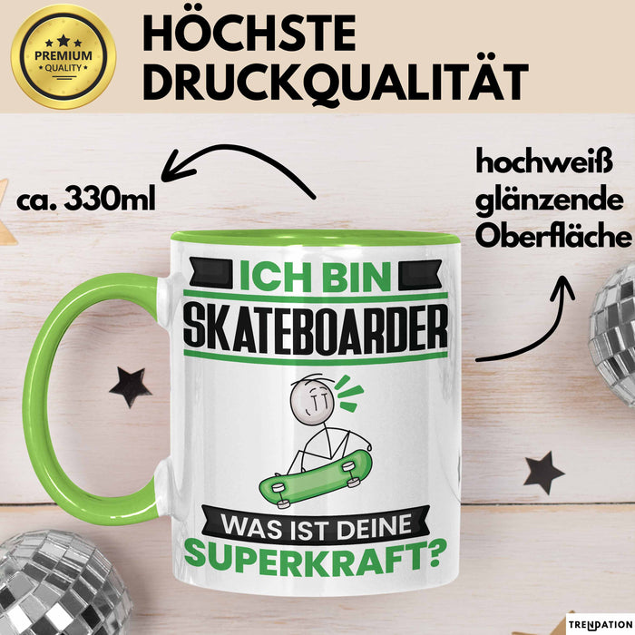 Skateboarder Tasse Geschenk für Skateboarder Geburtstag Lustiger Spruch Kaffee-Becher Was Ist Deine Superkraft Grün Trendation