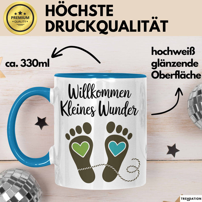 Baby Geburt Neue Eltern Tasse Geschenk Lustige Geschenkidee Spruch Willkommen Kleines Wunder Blau Trendation
