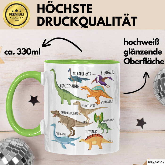 Dino Tasse Geschenk Dinosaurier Geschenkidee Jungs Dino-Fans T-Rex Arten Von Dinosaurieren Kakao Becher Becher Grün Trendation